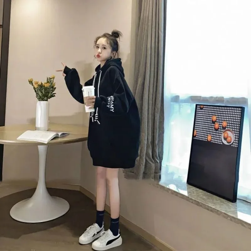 Winter Clothing Drawing - Streetwear Fleece Hooded Dress Y2K Korean